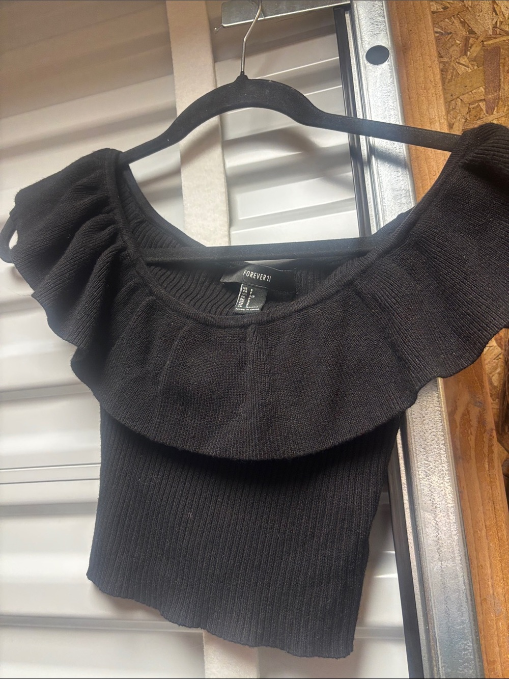 Forever 21 Black Off-the-Shoulder Ruffle Ribbed Sweater Top
